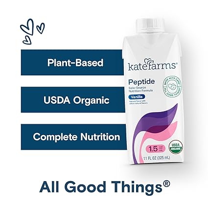 KATE FARMS Organic Adult Peptide 1.5 Formula, Vanilla, Sole-Source, Hydrolyzed Plant-Based Nutrition for Oral or Tube Feeding,